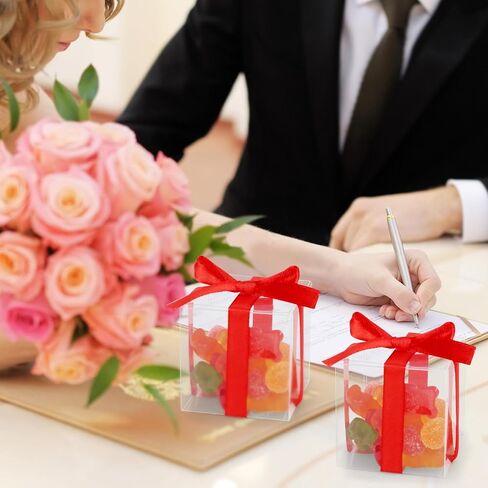 Adecortalk 50 Pcs Clear Favor Boxes, 2x2x2 Inch Clear Plastic Gift Boxes with Gold Ribbon, Clear Gift Boxes Macrame Boxes for Wedding Party Favor Boxes, Baby Showers, Christmas in Kuwait