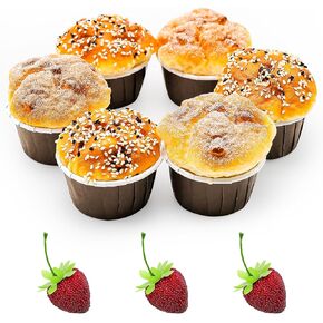 20pcs Artificial Cupcake Decor Set + Fake Strawberries Faux Bread Simulation Realistic Fruit Food Dessert for Display Party Lifelike Pastries Cake