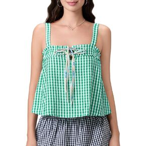 Women Gingham Top Tie Front Plaid Tank Top Y2k Sleeveless Babydoll Aesthetic Streetwear