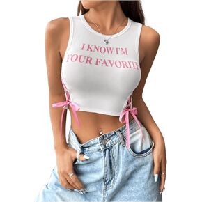SHENHE Women's Letter Print Lace Up Round Neck Slim Fit Crop Going Out Tank Tops