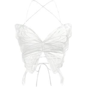 SHENHE Women's Y2k Butterfly Lace Mesh Crop Top Criss Cross Open Back Sexy Party Rave Club Tops
