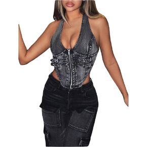 SHENHE Women's Y2k Denim Crop Top Deep V Zip Up Belted Halter Top Sexy Backless Asymmetrical Jean Corset