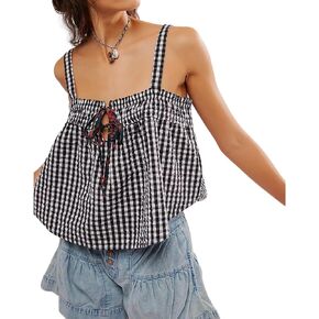 Women Gingham Top Tie Front Plaid Tank Top Y2k Sleeveless Babydoll Aesthetic Streetwear
