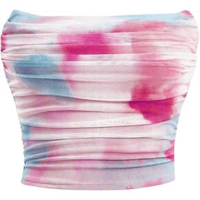 GORGLITTER Women's Tie Dye Mesh Tube Top Ruched Strapless Colorful Bandeau Going Out Crop Tops