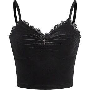 Floerns Women's Y2k Gothic Lace Solid Velvet Spaghetti Strap V Neck Cami Top