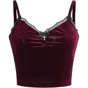 Floerns Women's Y2k Gothic Lace Solid Velvet Spaghetti Strap V Neck Cami Top