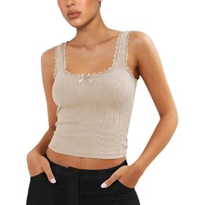 Sexy Lace Trim Tank Vest Tops for Women Sleeveless Camisole Y2K Spaghetti Strap Cropped Slim Fit Basic Cami Shirts