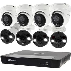 Swann 4K Indoor/Outdoor Security Camera System, 4 Bullet & 4 Dome PoE Cameras 16 Channel NVR 2TB HDD Wired Surveillance CCTV, Motion Sensor Lights, Color Night Vision, Siren, SONVK-1686804FB4D