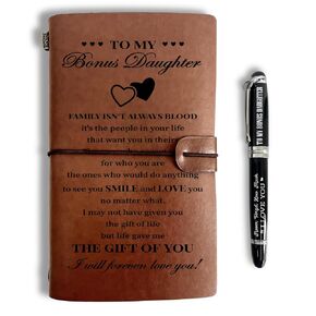 To My Bonus Daughter Leather Journal, Engraved Gift Pen, Roller Ballpen, Leather Notebook and Pen Gift for Daughter, 160 Pages Notebook, Graduation Back to School Birthday Christmas Gift-A7