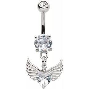 Pierced Owl 14GA 316L Stainless Steel CZ Crystal Heart with Angel Wings Dangling Belly Button Ring