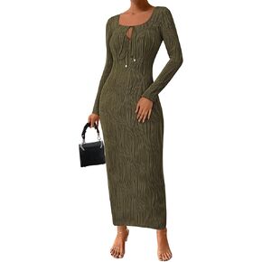 PRETTYGARDEN Cocktail Dresses for Women 2024 Fall Long Sleeve Tie Front Cut Out Bodycon Sexy Club Party Maxi Dress