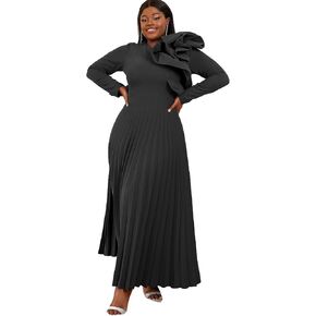 AOMEI Women's Long Sleeve with Asymmetrical Ruffles Pleated A-Line Maxi Dress