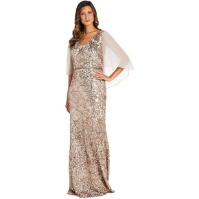 R&M Richards Long Sequined Dress W/V-Neckline & Capelet