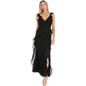 R&M Richards Long Plunge V-Neck Ruffled Evening Gown