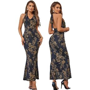HTZMO Women's Floral Bodycon Maxi Dress Halter V Neck Backless Casual Summer Long Dresses for 2024