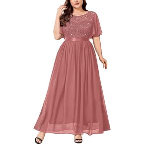 Knitee Women's Plus Size Sparkle Sequin Lace Chiffon Formal Flutter Sleeves Wedding Party Flowy Maxi Dresses
