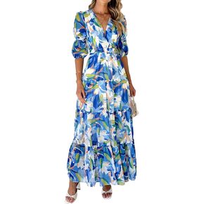 Women's Chic Short Puff Sleeve Floral Printed Tiered Flowy Maxi Dress