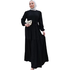 LOCCO Hijab Long Dress Balloon Sleeve Casual Dress with Waist Ties Comfortable Clothes for Muslim Women