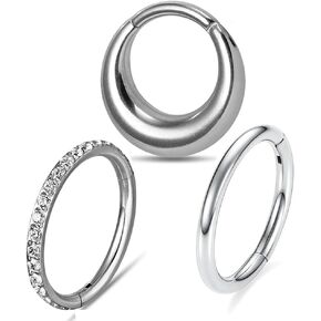 Casvort 3 PCS 16G 316 Surgical Stainless Steel Zirconia/Opal Septum Nose Piercing Rings, Segment Tragus Rings, Helix Daith Conch Piercing Rings, Lobe Belly Hoop Earrings, Body Jewelry.