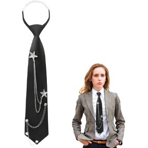 Black Tie for Women Girls, Punk Womens Tie with Chain Accessories, Pre-Tied Adjustable Necktie for School Shirt