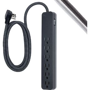 GE UltraPro 6-Outlet Surge Protector, 6 Ft Designer Braided Extension Cord, 560 Joules, Flat Plug, Wall Mount, UL Listed, Black, 45271