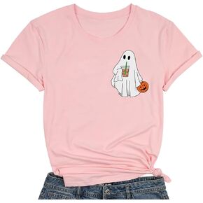 Ghost Drinking Coffee Halloween Shirt Women Fall Pumpkin Tshirt Coffee Lover Tee Casual Halloween Party Tee Tops