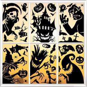 62Pcs Halloween Window Stickers, 9 Sheets Giant Skull Pumpkin Monster Silhouette Decal,Scary Black Glass Room Party Decoration Stickers for Glass Window Indoor and Outdoor Home Decor