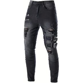 Men's Skinny Zipper Biker Jeans, Ripped Stretch Distressed Men Pants Casual Street Style Fashion Jean