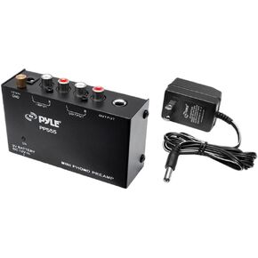 Pyle Phono Turntable Preamp - Mini Electronic Audio Stereo Phonograph Preamplifier with 9V Battery Compartment, Separate DC 12V Power Adapter, RCA Input, RCA Output & Low Noise Operation (PP555) BLACK