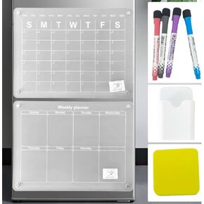 Ikaufen 2pcs Magnetic Acrylic Calendar for Fridge, Strong-Magnetic and Adhesive Clear Dry Erase Calendar Board for Refrigerator and Wall Includes 4 Markers, Magnetic Holder and Sponge Wipe Board