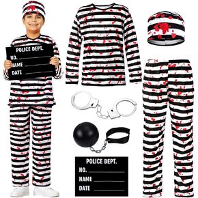 Xtinmee 6 Pcs Halloween Prisoner Costume Boys Girls Zombie Convict Jail Costume Accessories Striped Top Pants Hat Handcuffs
