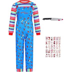 Kids Halloween Doll Killer Costume Boys Girls Blue Jumpsuit with Striped Shirt Scary Guys Cosplay Outfit Set