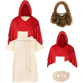 Jesus Costume Kids Religious Boys Jesus Christ Costume Set with Shawl, Jesus Wig, Jesus Robe & Belt for Halloween Party