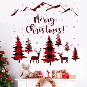 Merry Christmas Wall Decal Red Black Buffalo Plaid Christmas Tree Deer Wall Sticker Winter Mountain Woodland Nursery Snowflake Wall Stickers for Xmas Christmas Party Supplies