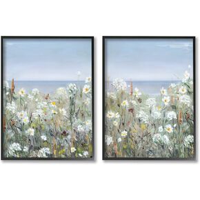 Stupell Industries Beachside Wild Flowers Blooming Distant Ocean Scene 2pc set Framed Wall Art, Design by Sally Swatland