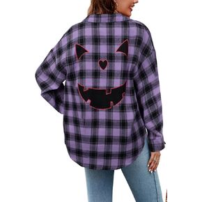 Halloween Shirt Women Pumpkin Face Shirt Funny Button Down Flannel Plaid Long Sleeve Tops Fall Clothes Outfits