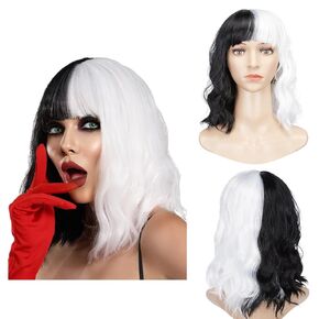 AGPTEK Cosplay Synthetic Wavy Wigs 12.6inch Black and White Wig Cruella Deville Wig, Heat Resistant Fiber Soft and Smooth Texture Wig Perfect for Halloween Wig,Cosplay and Festive Decorations