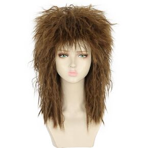 yuehong Women Long Light Brown Wig Mullet Wig 70s 80s Rocker Disco wig Heat Resistant Synthetic Fibers Wig Fluffy Durable Soft Wig Party Costume Wig