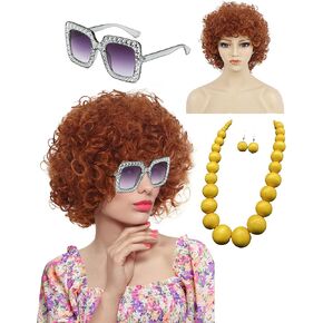 Fluffy Short Curly Orange Wig with Necklace Earrings for Women Halloween Cosplay Costume Wig