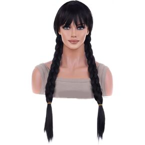 AneShe Black Braids Wig With Bangs Long Cosplay Black Braided Wig for Grils Synthetic Wigs with 2 Pigtails Peluca Negra Dress Up for Halloween Costume Party in Kuwait