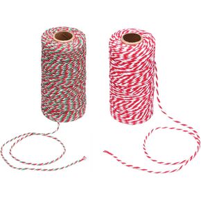 Christmas Cotton Bakers Twine Cord String 2 mm Candy Rope Ribbon Twine for Party Decorations Gift Wrapping Arts Crafts 656 Feet,2 Rolls (Red+Green+White)