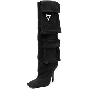 Knee High Denim Boots for Women Sexy Square Toe Stilettos Heel Long Boot with Multiple Side Pocket Dress Pull on Tall Boots Fall Winter