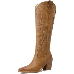 GOSERCE Cowboy Boots for Women - Western Cowgirl Boots Knee High Country Boots Pointed Toe with Embroidery Chunky Stacked Heel