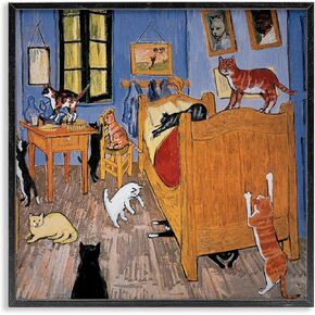 Stupell Industries Cats in The Bedroom Classic Painting Parody, Designed by Chameleon Design Black Framed Wall Art, 12x12, Blue