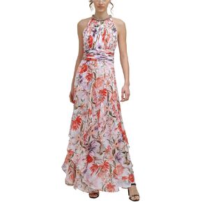 Calvin Klein Women's Sleeveless Halter Neck Keyhole Gown with Tiered Skirt