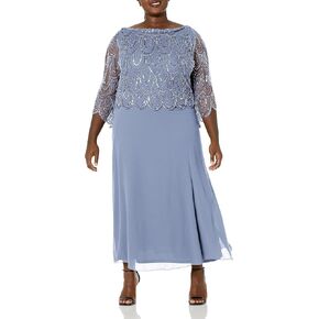 J Kara Women's 3/4 Scallop Beaded Pop Over Gown