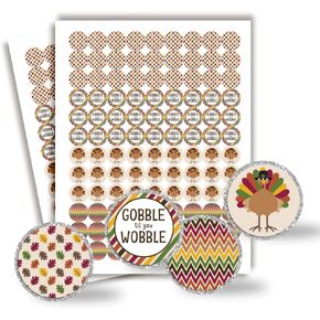 Cute Turkey Gobble Til You Wobble Thanksgiving Kiss Sticker Labels, 300 Party Circle Sticker Sized 0.75" for Chocolate Drop Kisses by AmandaCreation, Great for Favors, Envelope Seals & Goodie Bags