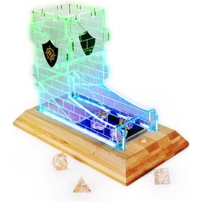 ENHANCE Tabletop LED Dice Tower with 7pc Dice Set for RPG Games - Clear Dice Set, LED Dice Roller with Bamboo Base and Castle Tower Design, Roll Up to 14 Standard Dice at Once - Great for Game Night