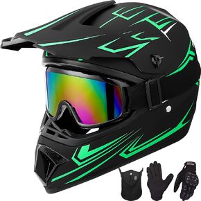 Youth Kids Motocross Helmet Full Face Motorcycle Dirt Bike Off-Road Mountain Bike BMX MX ATV Helmet with(Gloves Goggles Mask) 4Pcs Set - DOT Approved(Green,S)