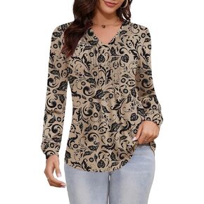 LUYAA Womens Long Sleeve Fall Tops V Neck Pleated Dressy Casual T Shirts Flowy Work Loose Fit Tunic Tops